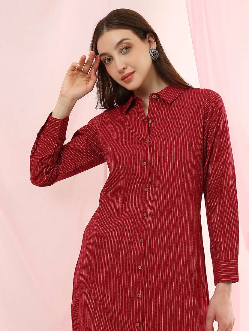 girls cotton striped shirt collar kurta pant set - 22486928 -  Standard Image - 1