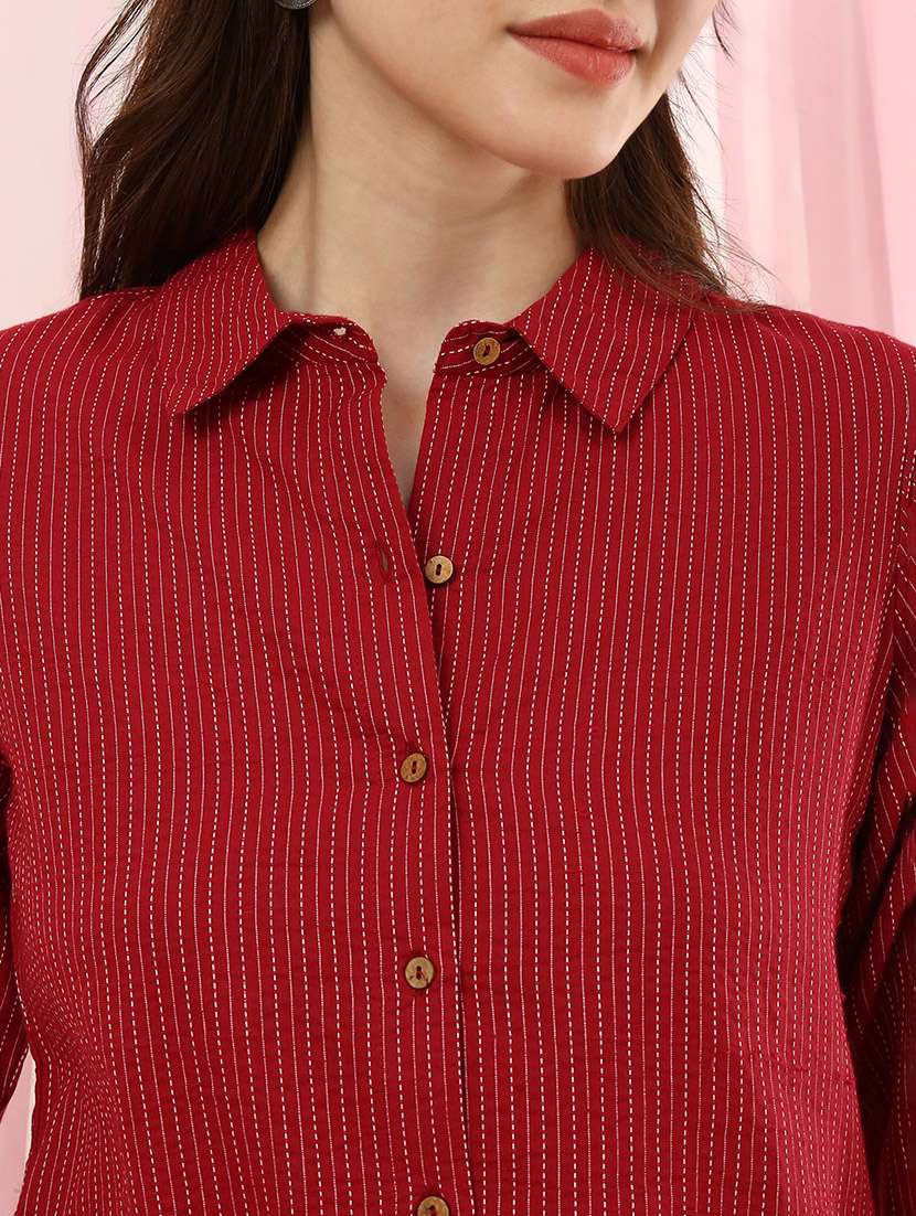 girls cotton striped shirt collar kurta pant set - 22486928 -  Standard Image - 4