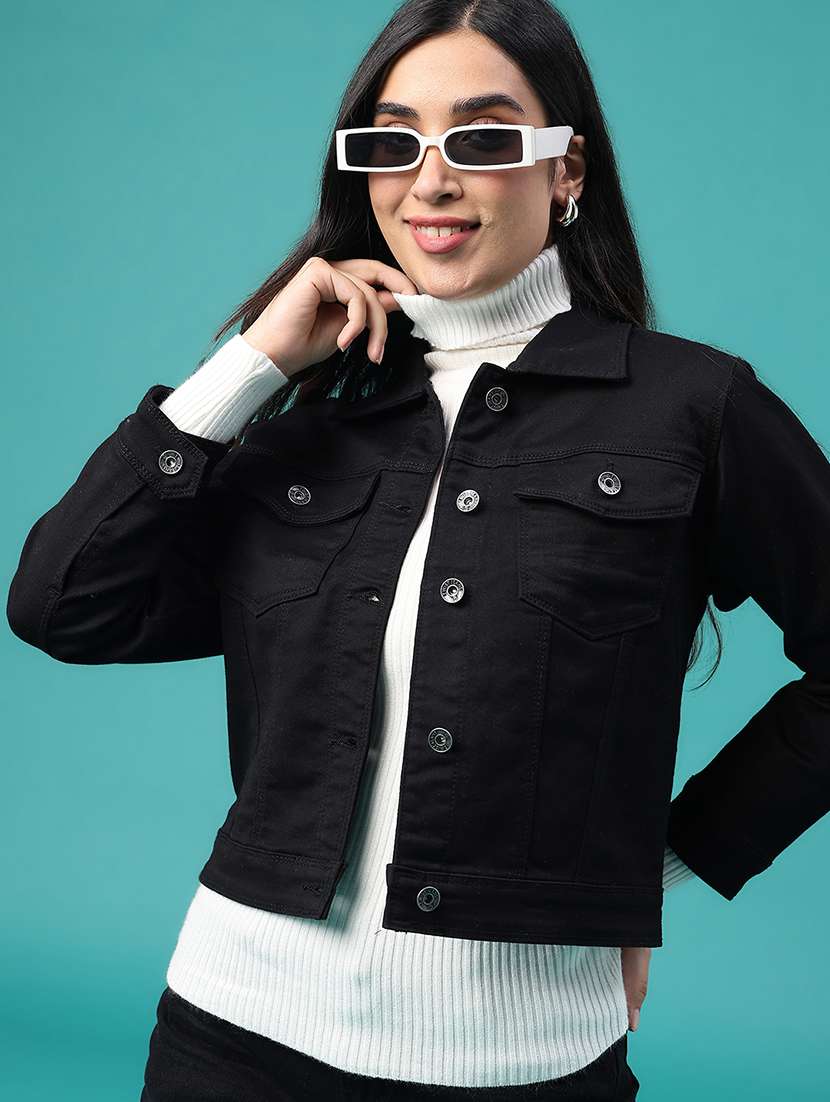 women solid long sleeves denim jacket