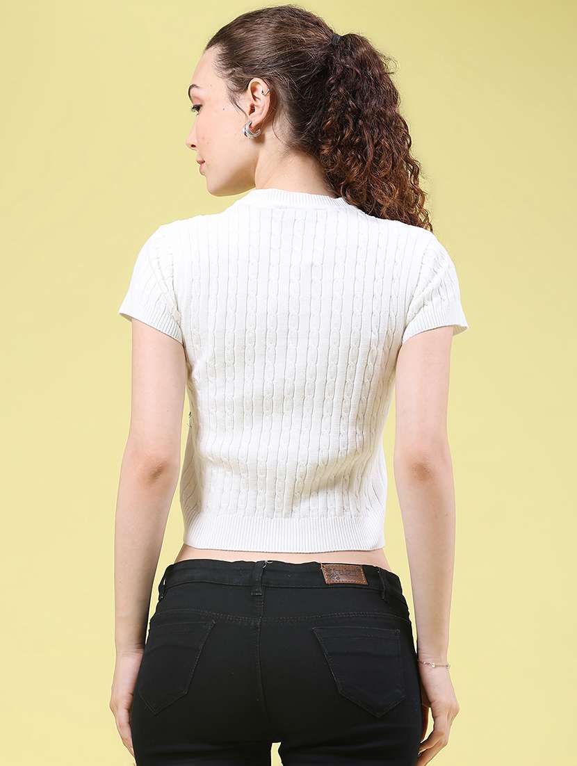 Women Self Design Short Sleeves Crop Top - 22489121 -  Standard Image - 4