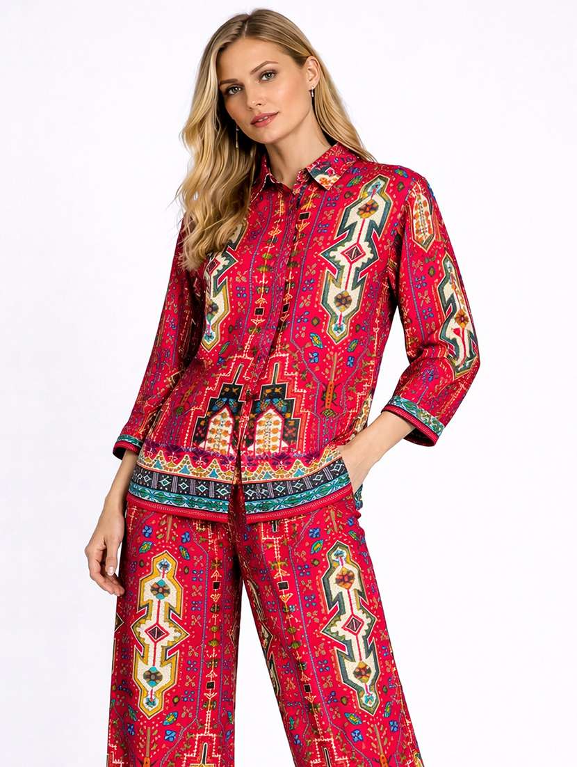 women printed three quarter sleeve shirt & trouser co-ord set - 22489342 -  Standard Image - 1