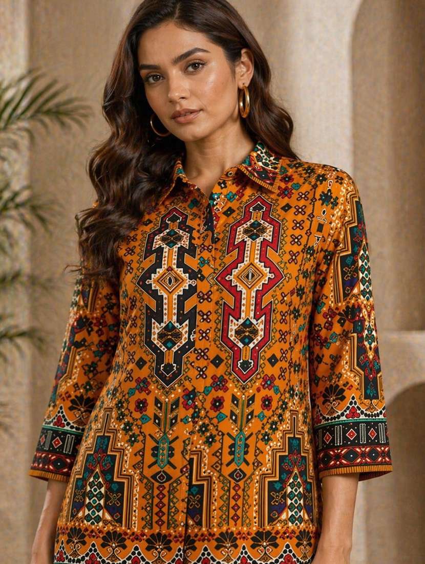 women printed three quarter sleeve shirt & trouser co-ord set - 22489345 -  Standard Image - 1