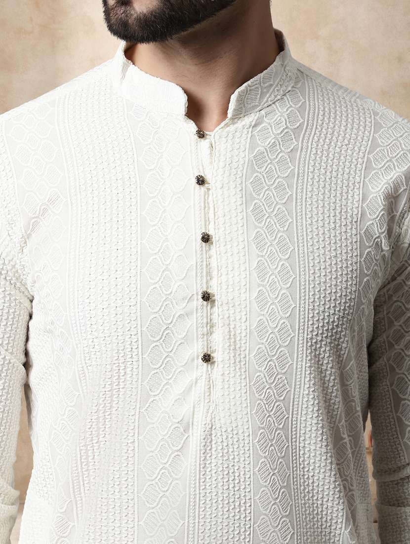 men solid with work mandarin neck long kurta - 22489355 -  Standard Image - 1