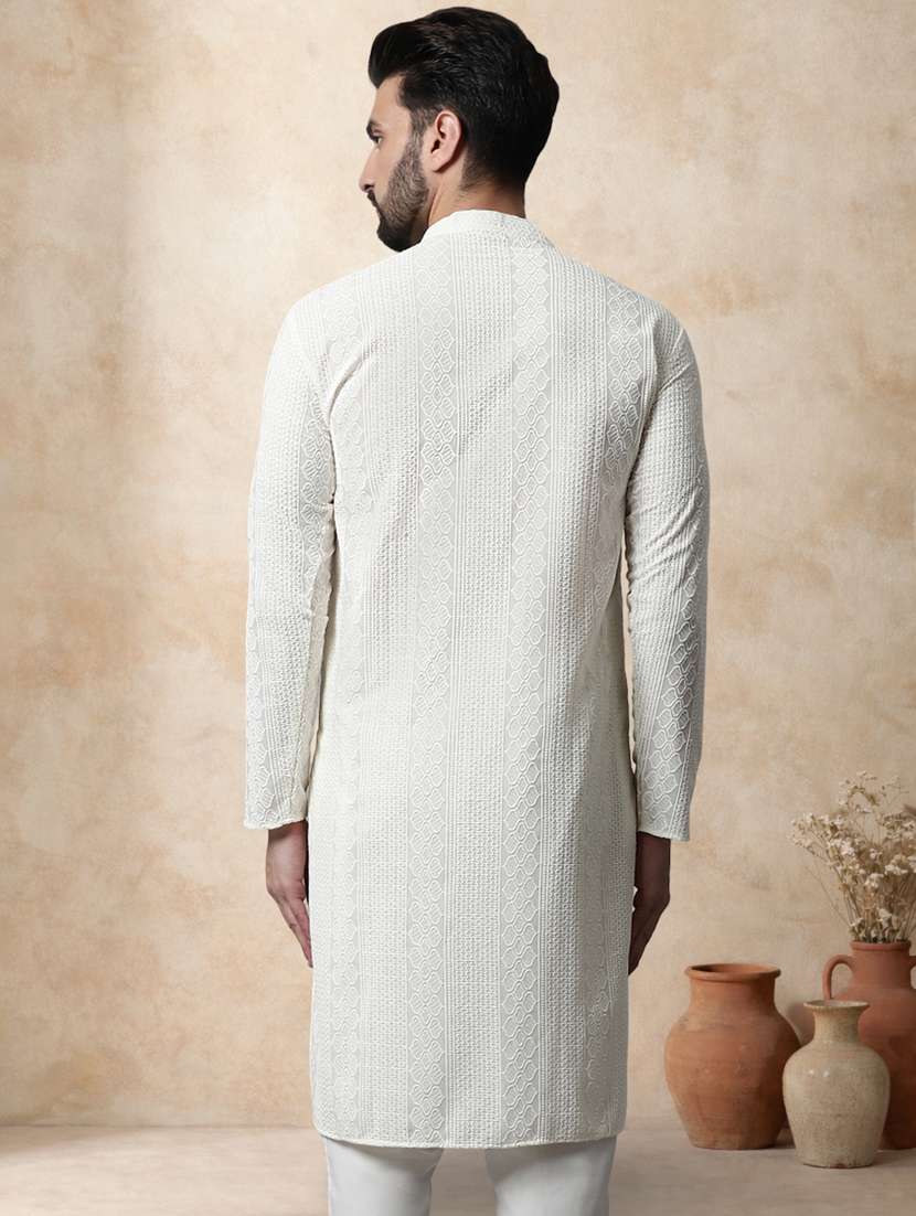 men solid with work mandarin neck long kurta - 22489355 -  Standard Image - 4
