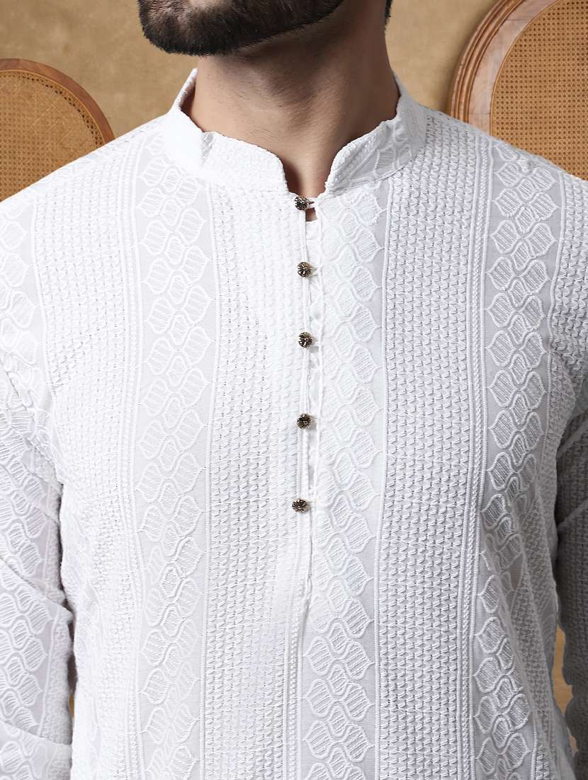 men solid with work mandarin neck long kurta - 22489357 -  Standard Image - 1