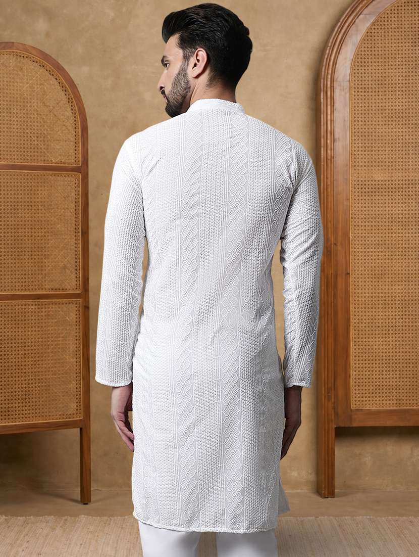 men solid with work mandarin neck long kurta - 22489357 -  Standard Image - 4