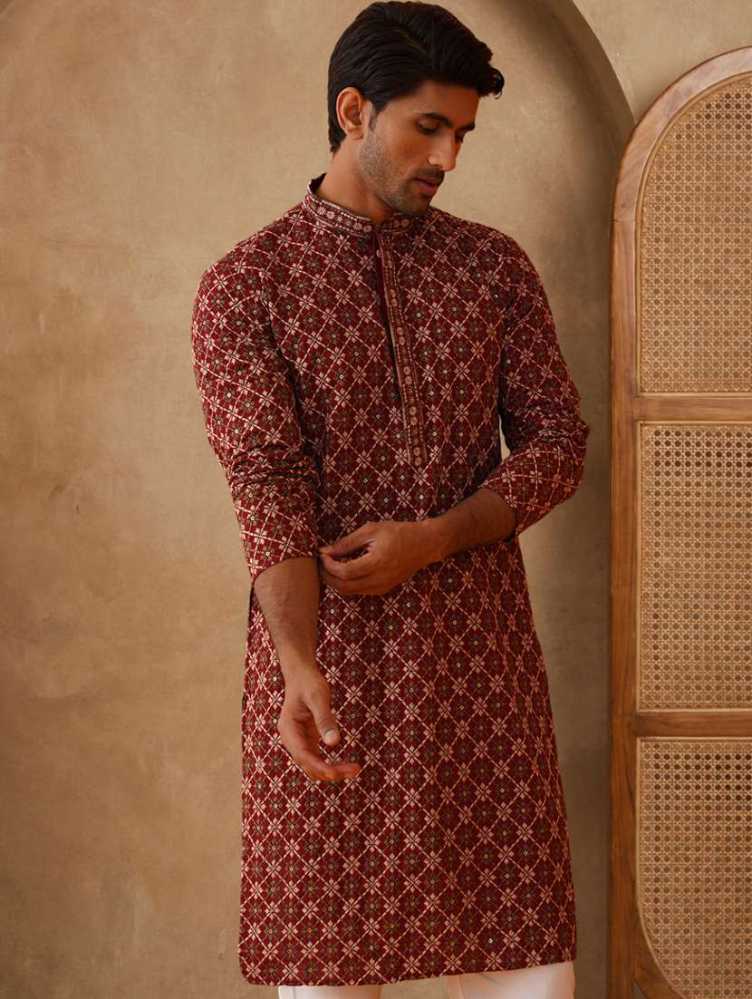 men solid with work mandarin neck long kurta
