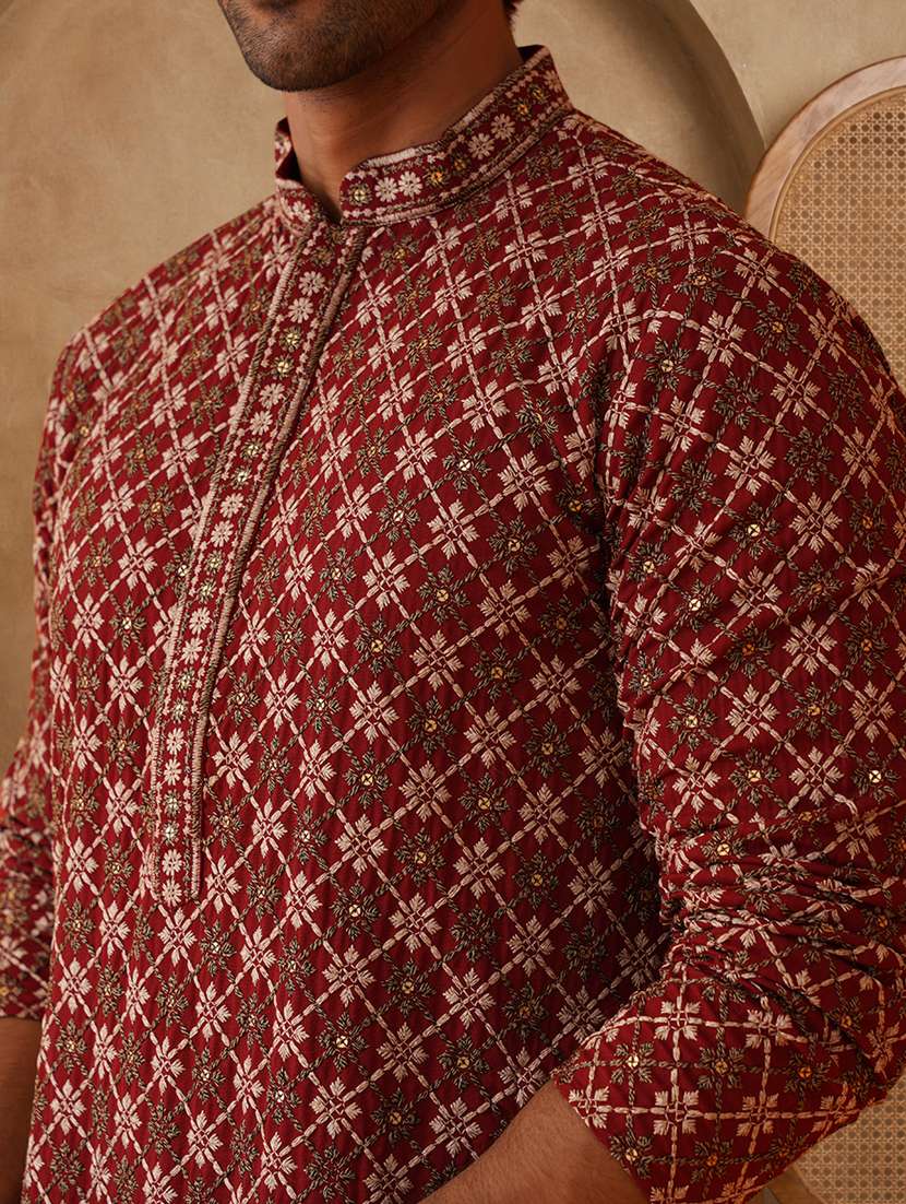 men solid with work mandarin neck long kurta - 22489361 -  Standard Image - 1