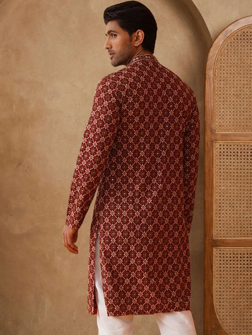 men solid with work mandarin neck long kurta - 22489361 -  Standard Image - 4