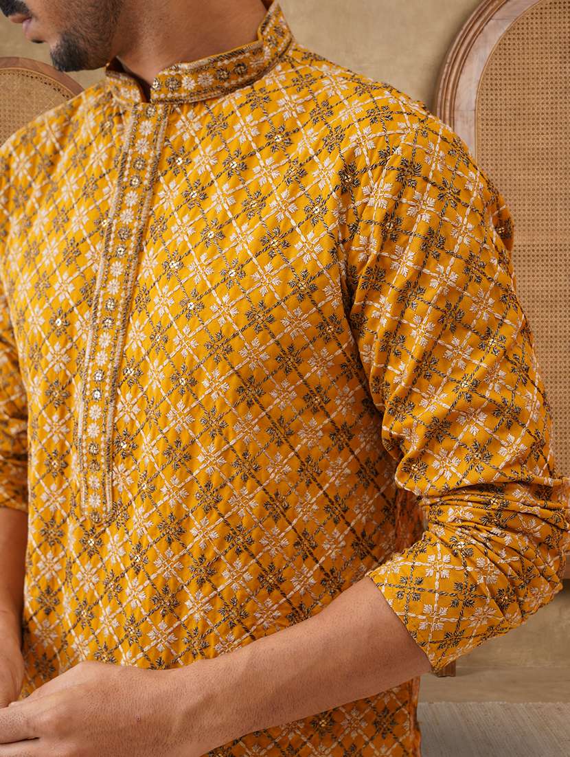 men solid with work mandarin neck long kurta - 22489362 -  Standard Image - 1
