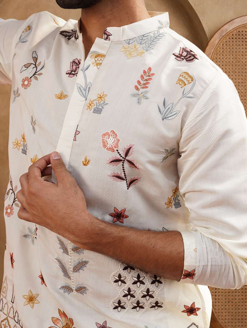 men solid with work mandarin neck long kurta - 22489363 -  Standard Image - 1