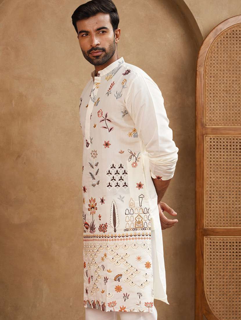 men solid with work mandarin neck long kurta - 22489363 -  Standard Image - 4