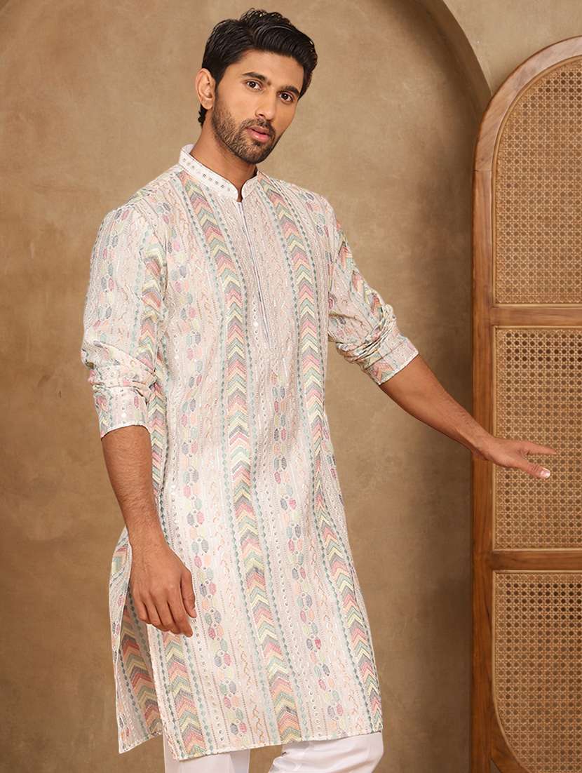 men solid with work mandarin neck long kurta - 22489364 -  Standard Image - 4