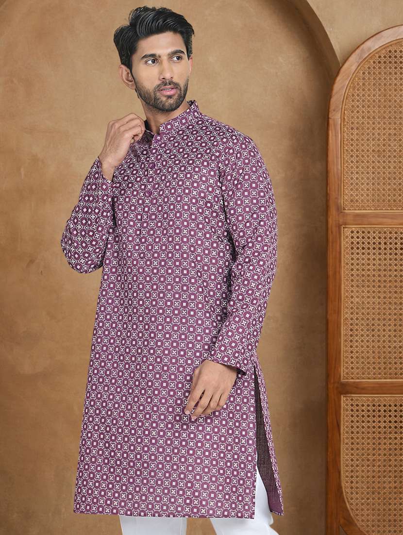 men printed mandarin neck long kurta