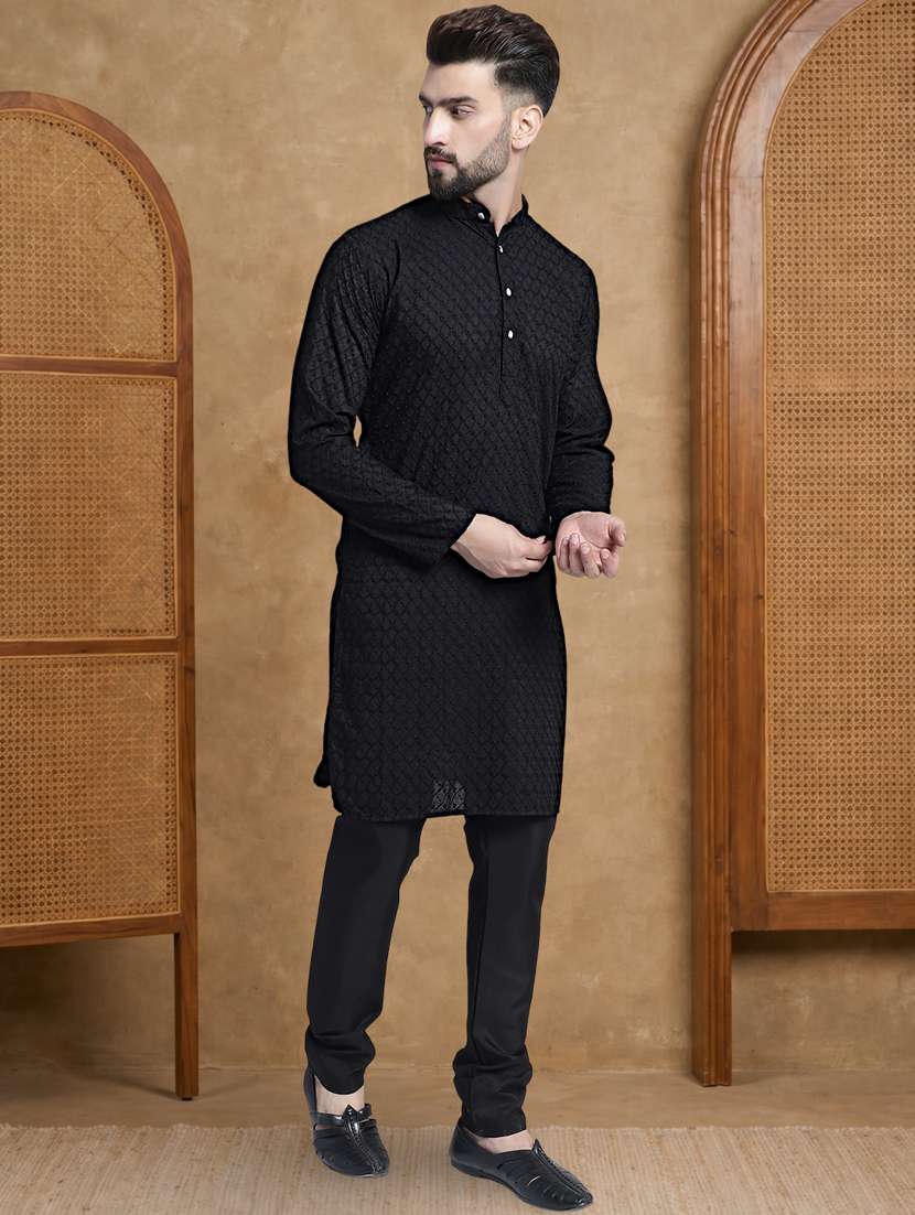 Men Solid With Work Mandarin Neck Long Kurta - 22489375 -  Standard Image - 4