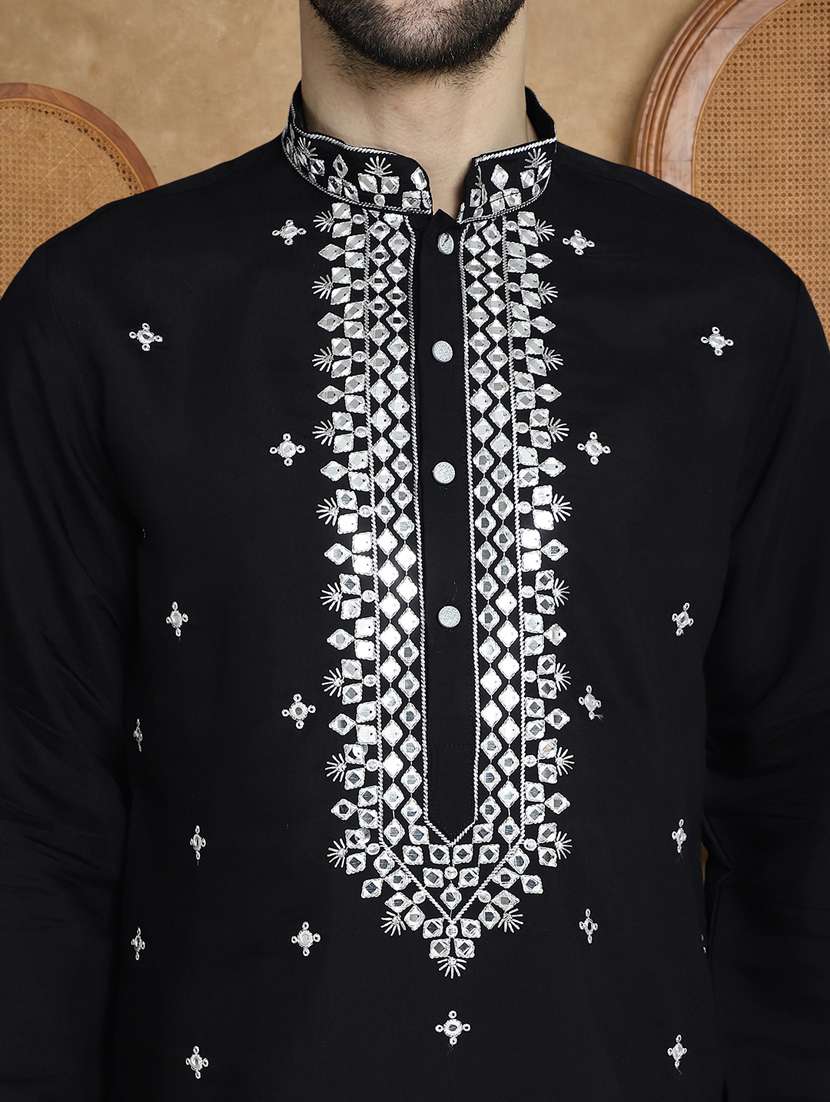 men solid with work mandarin neck long kurta - 22489377 -  Standard Image - 1