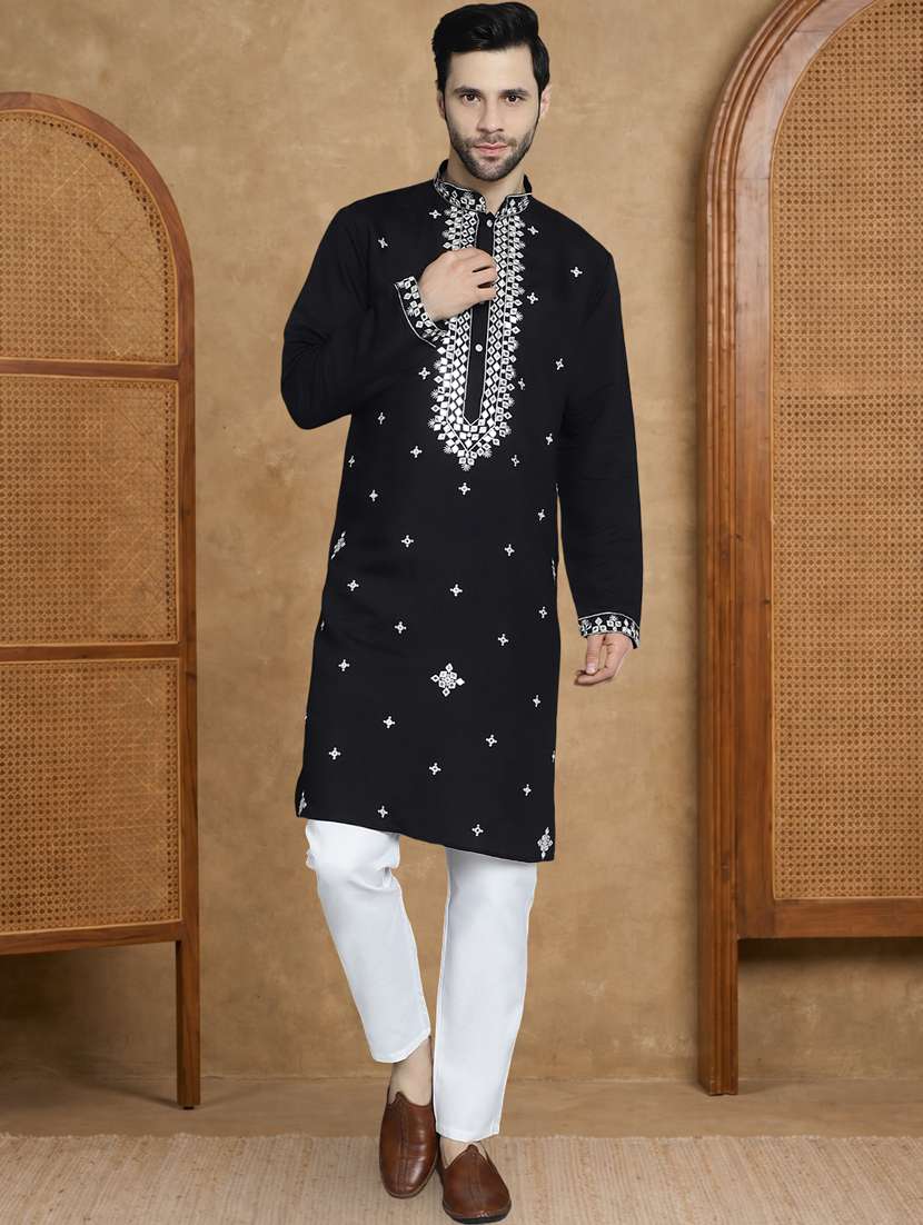 men solid with work mandarin neck long kurta - 22489377 -  Standard Image - 4