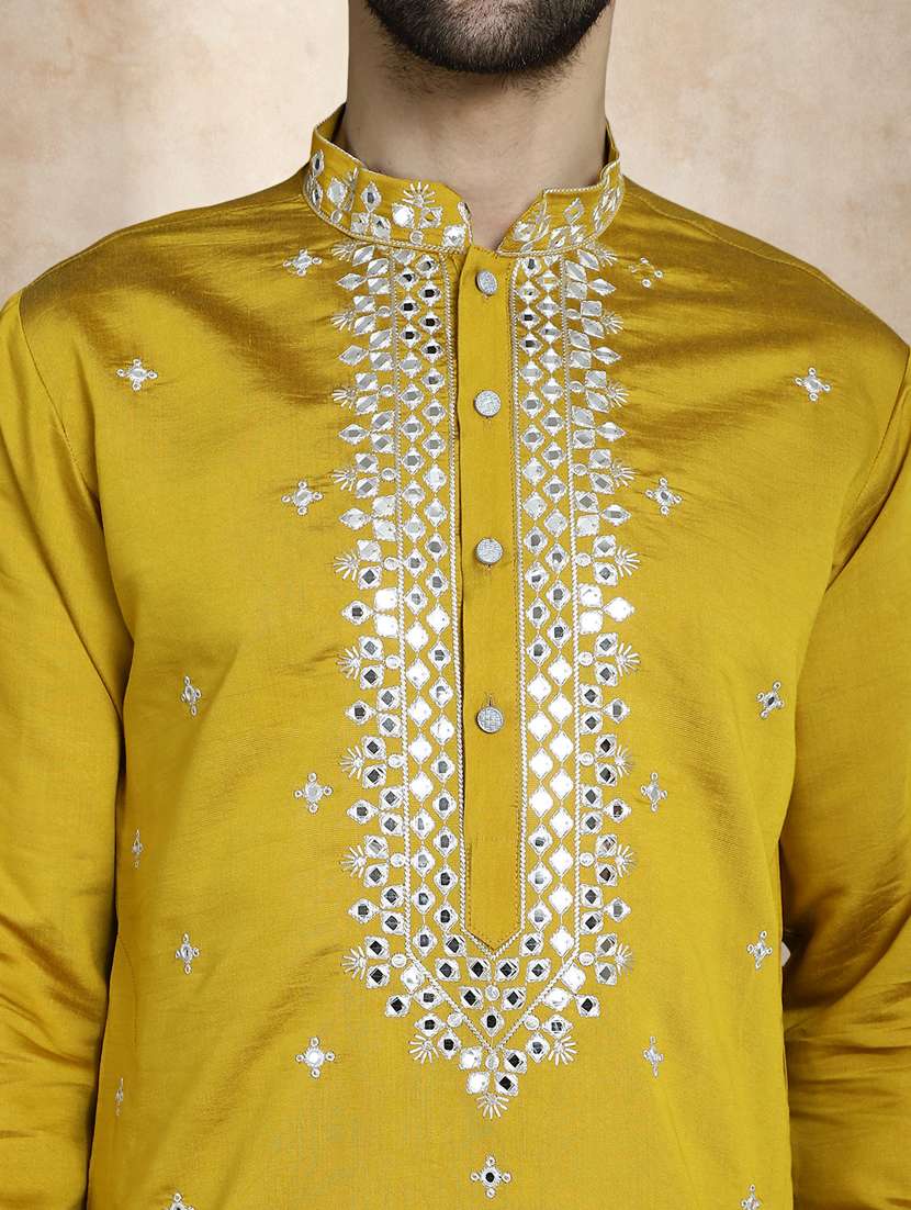 men solid with work mandarin neck long kurta - 22489378 -  Standard Image - 1