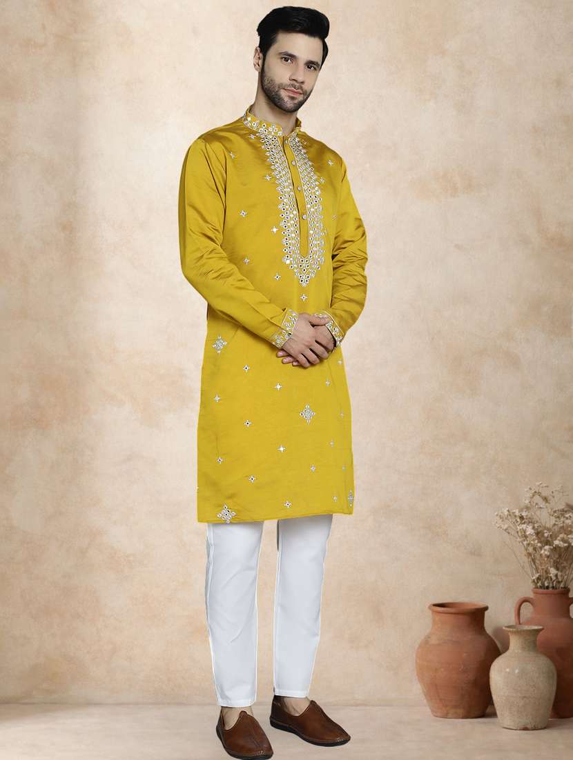 men solid with work mandarin neck long kurta - 22489378 -  Standard Image - 4