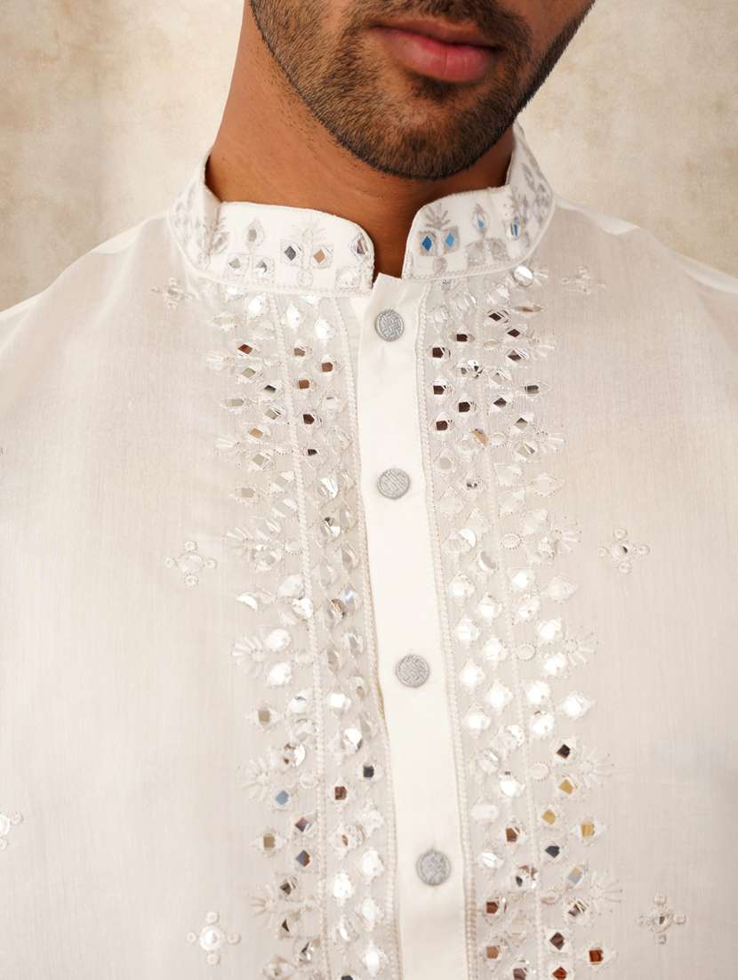 men solid with work mandarin neck long kurta - 22489379 -  Standard Image - 1