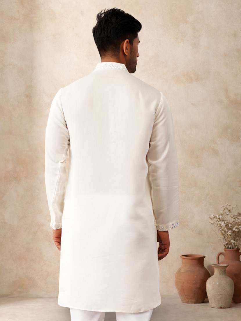men solid with work mandarin neck long kurta - 22489379 -  Standard Image - 4