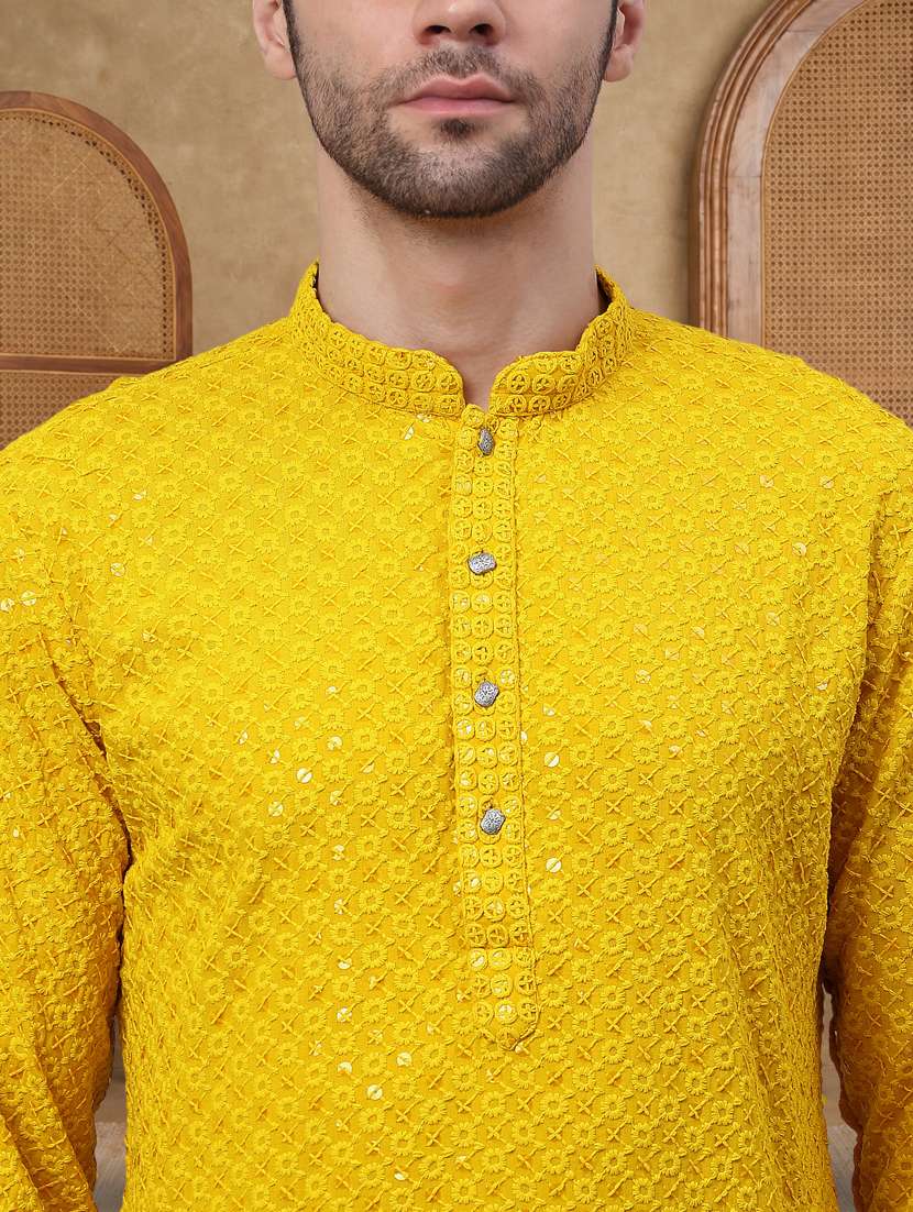 men solid with work mandarin neck long kurta - 22489380 -  Standard Image - 1