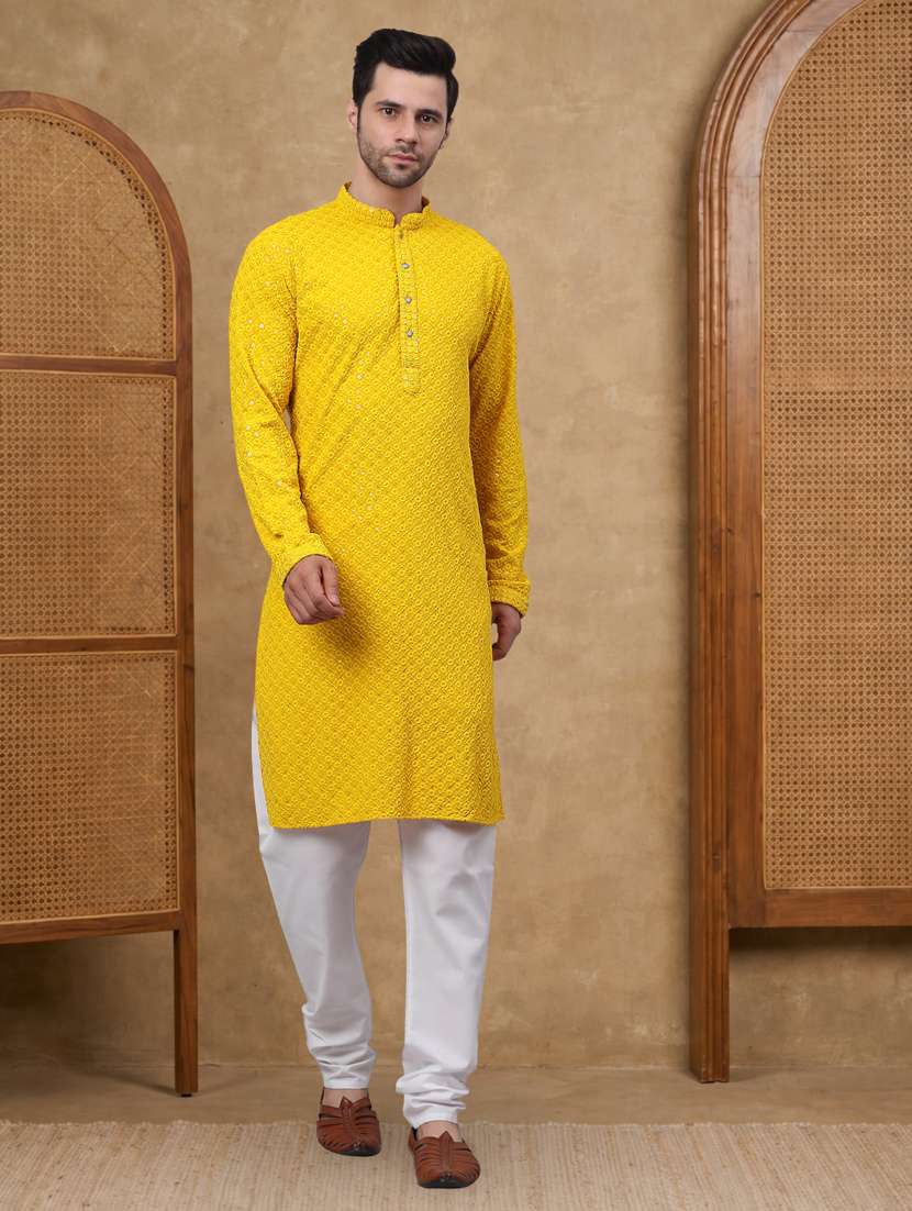 men solid with work mandarin neck long kurta - 22489380 -  Standard Image - 4