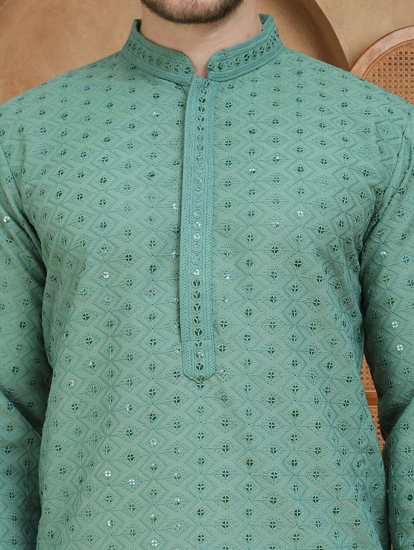men solid with work mandarin neck long kurta - 22489388 -  Standard Image - 1
