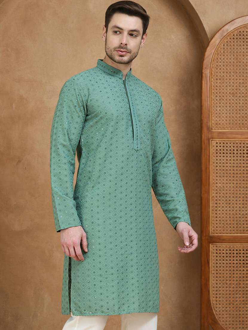 men solid with work mandarin neck long kurta - 22489388 -  Standard Image - 4