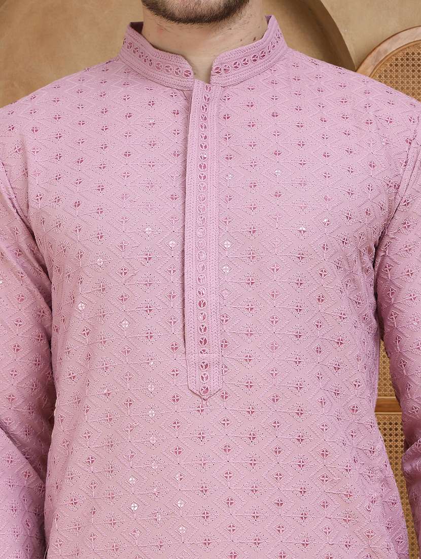 men solid with work mandarin neck long kurta - 22489391 -  Standard Image - 1
