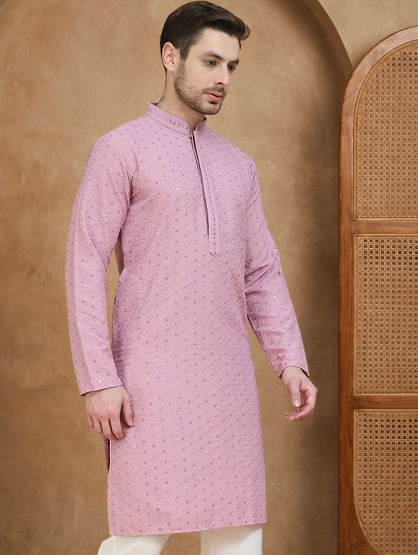 men solid with work mandarin neck long kurta - 22489391 -  Standard Image - 4