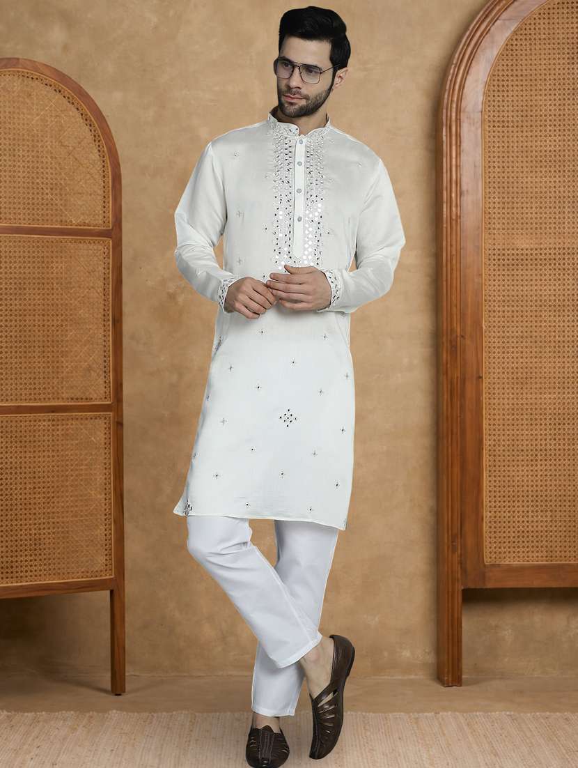 men solid with work mandarin neck long kurta - 22489393 -  Standard Image - 4