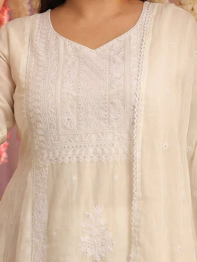 women solid with work three quarter sleeve kurta pant with dupatta set - 22489422 -  Standard Image - 1