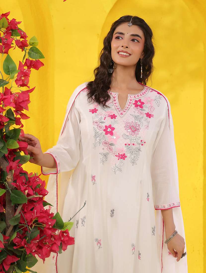 women solid with work three quarter sleeve kurta pant with dupatta set - 22489423 -  Standard Image - 1