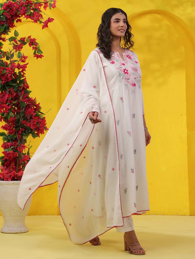 women solid with work three quarter sleeve kurta pant with dupatta set - 22489423 -  Standard Image - 4