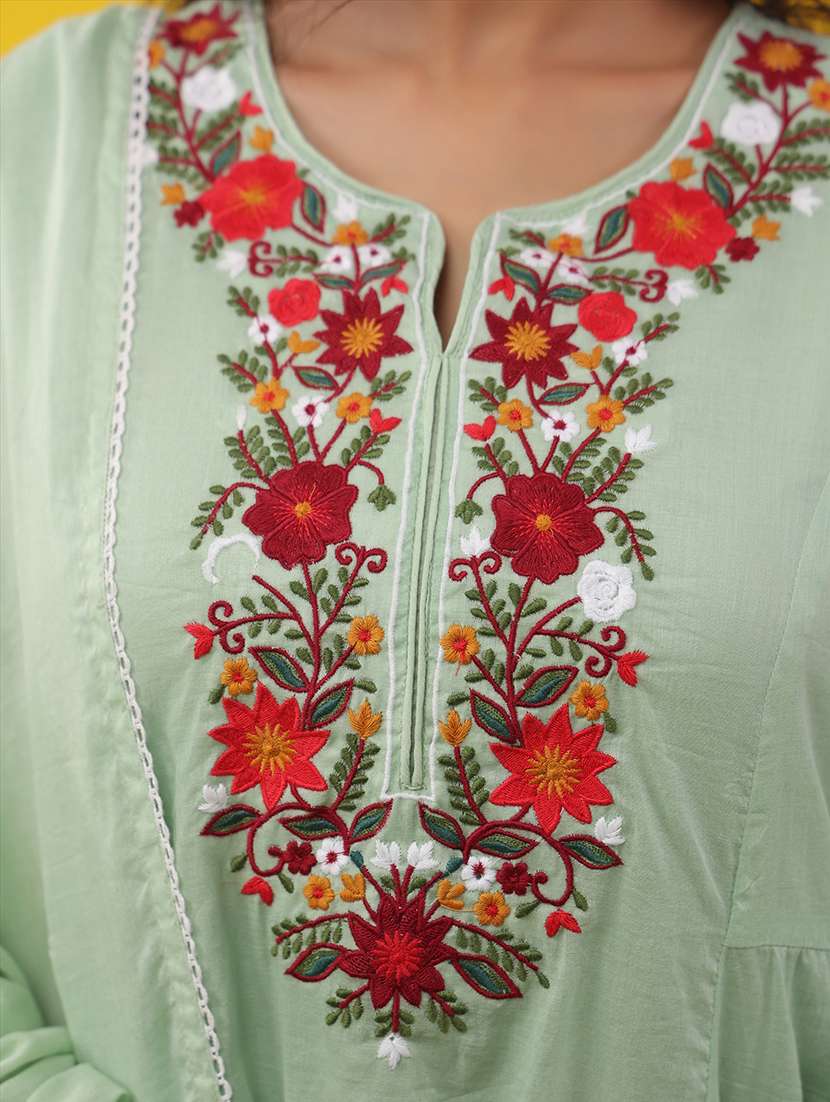 Women Solid With Work Three Quarter Sleeve Kurta Pant With Dupatta Set - 22489433 -  Standard Image - 1