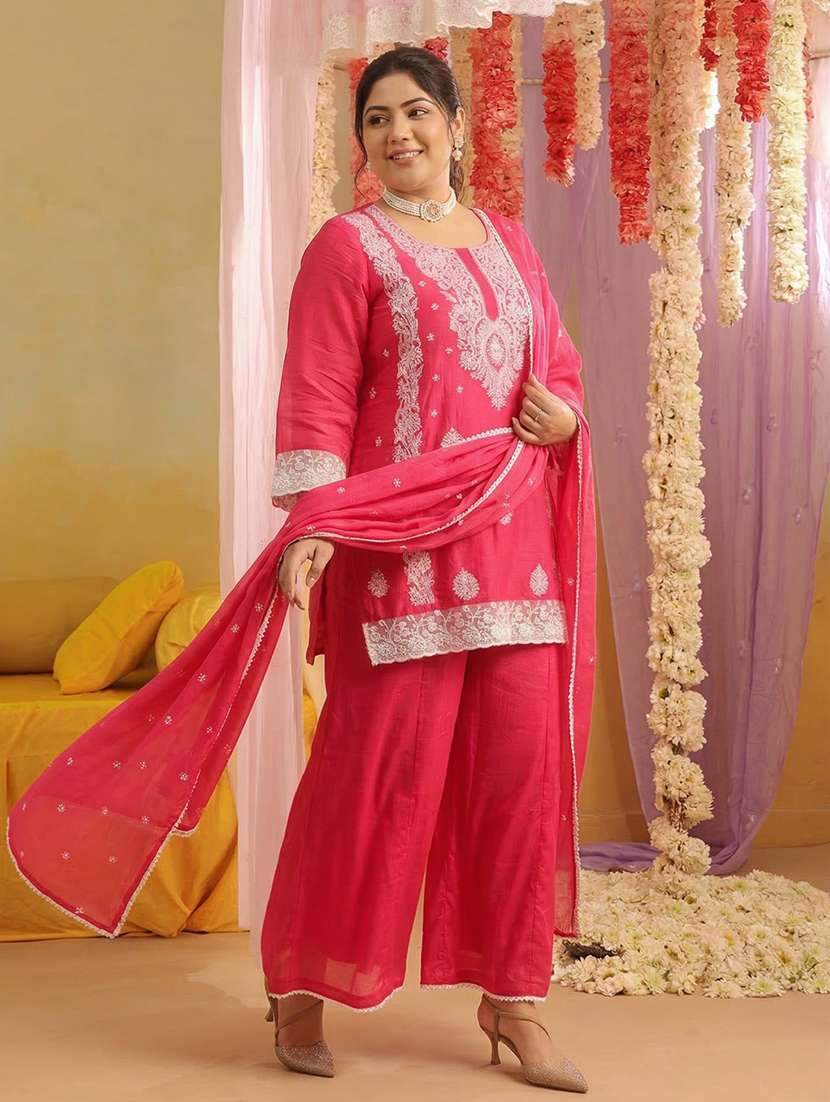 Women Solid With Work Three Quarter Sleeve Kurta Palazzo With Dupatta Set - 22489444 -  Standard Image - 4