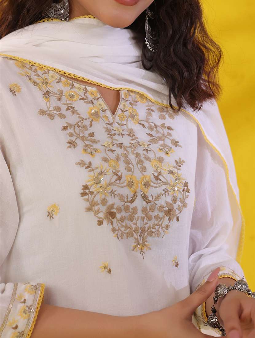 women solid with work three quarter sleeve kurta pant with dupatta set - 22489446 -  Standard Image - 1