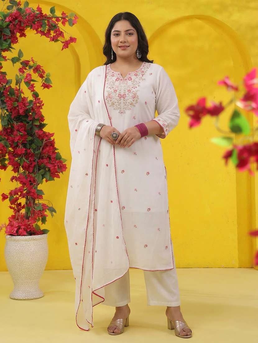 women solid with work three quarter sleeve kurta pant with dupatta set