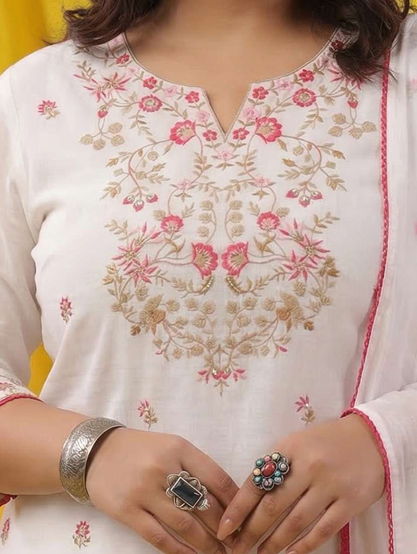 women solid with work three quarter sleeve kurta pant with dupatta set - 22489448 -  Standard Image - 1