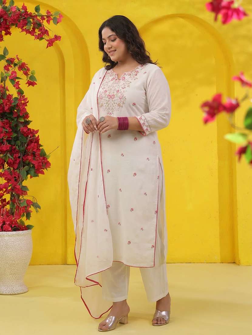 women solid with work three quarter sleeve kurta pant with dupatta set - 22489448 -  Standard Image - 4