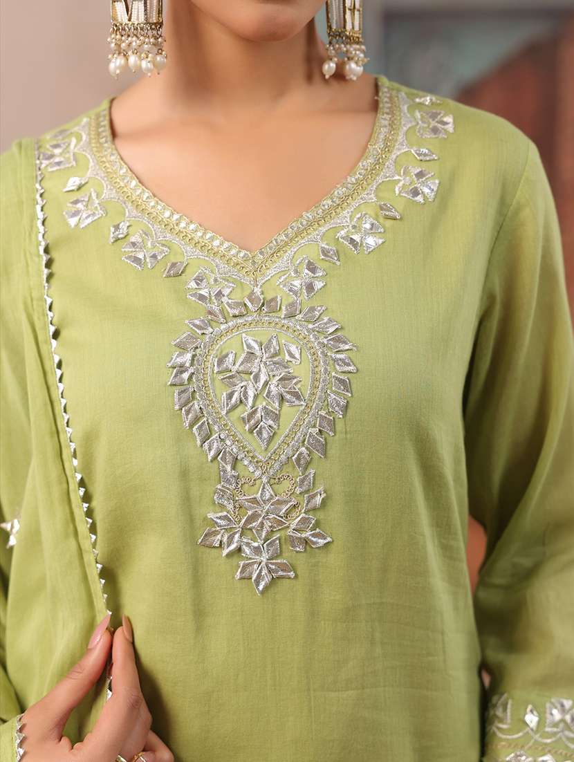 Women Solid With Work Three Quarter Sleeve Kurta Pant With Dupatta Set - 22489451 -  Standard Image - 1