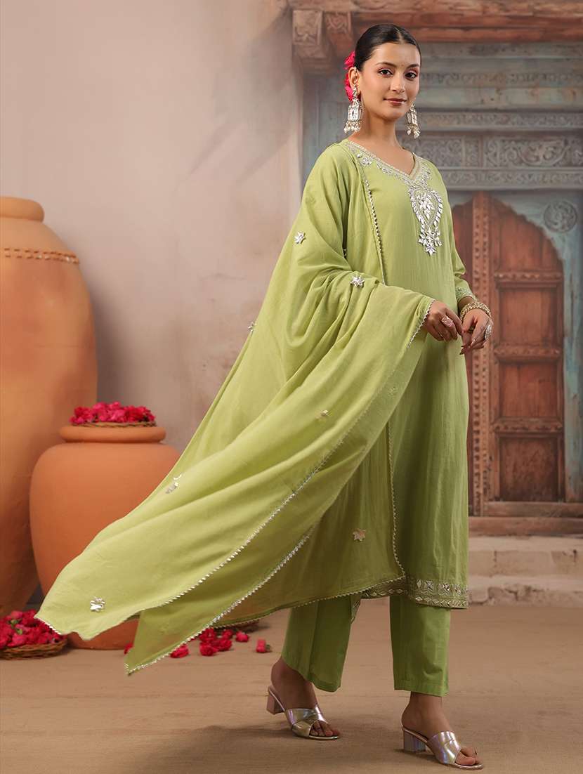 Women Solid With Work Three Quarter Sleeve Kurta Pant With Dupatta Set - 22489451 -  Standard Image - 4