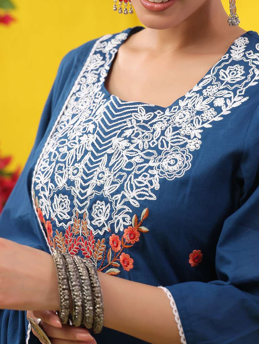 women solid with work three quarter sleeve kurta pant with dupatta set - 22489458 -  Standard Image - 1