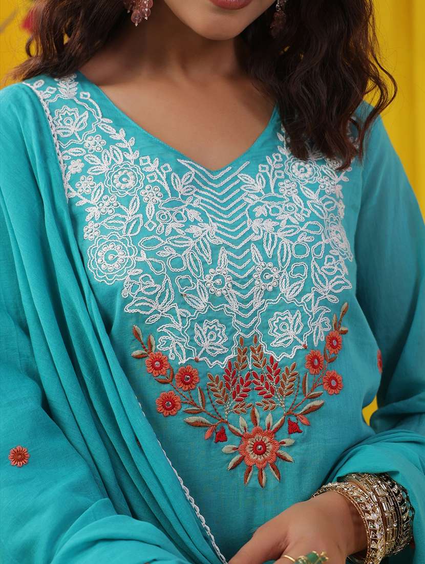 women solid with work three quarter sleeve kurta pant with dupatta set - 22489459 -  Standard Image - 1
