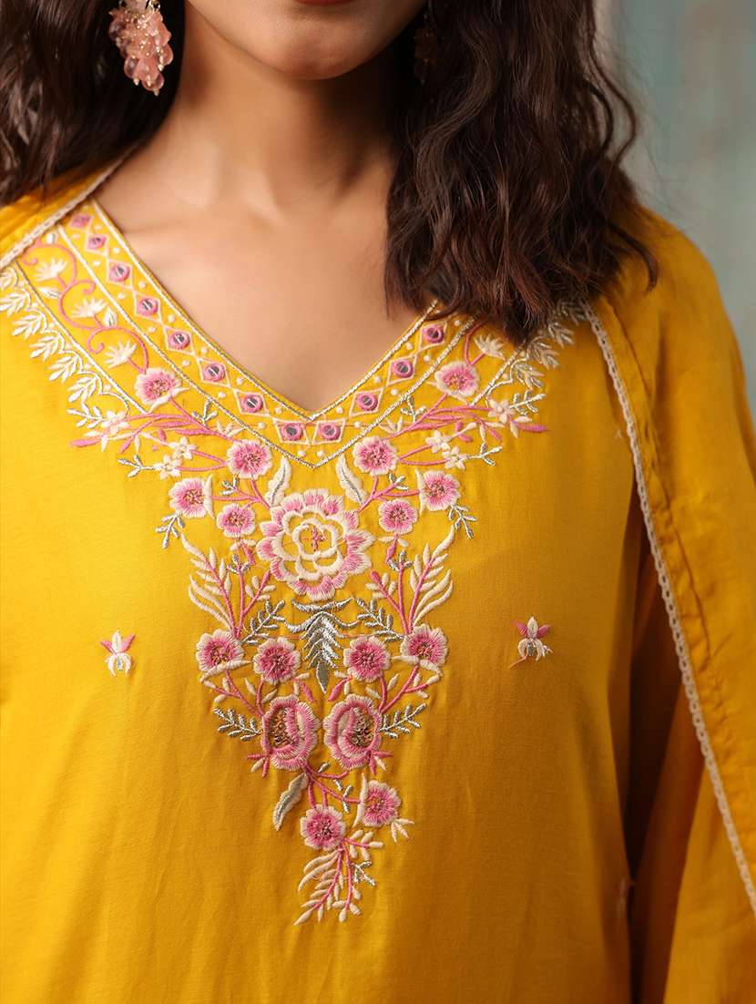 women solid with work three quarter sleeve kurta palazzo with dupatta set - 22489460 -  Standard Image - 1