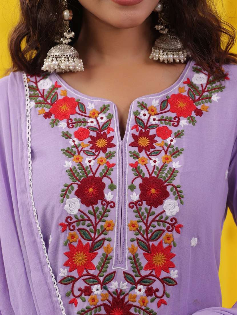 women solid with work three quarter sleeve kurta pant with dupatta set - 22489462 -  Standard Image - 1