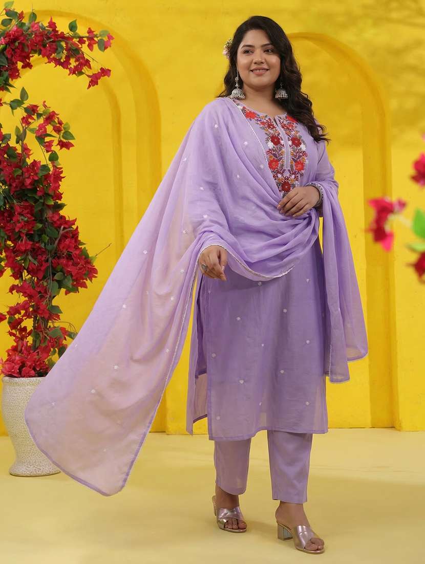 women solid with work three quarter sleeve kurta pant with dupatta set - 22489464 -  Standard Image - 4