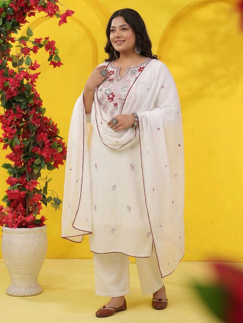 women solid with work three quarter sleeve kurta pant with dupatta set - 22489466 -  Standard Image - 4