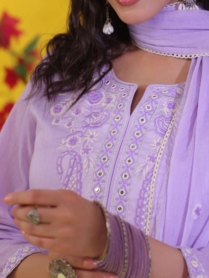 women solid with work three quarter sleeve kurta pant with dupatta set - 22489467 -  Standard Image - 1